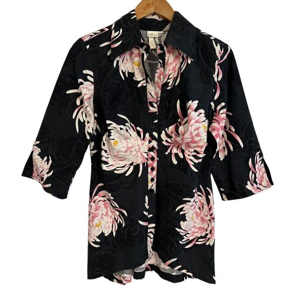 Soft Surroundings Petite Medium Black Top Button Up 3/4 Sleeve Pink Floral Print - Picture 1 of 9